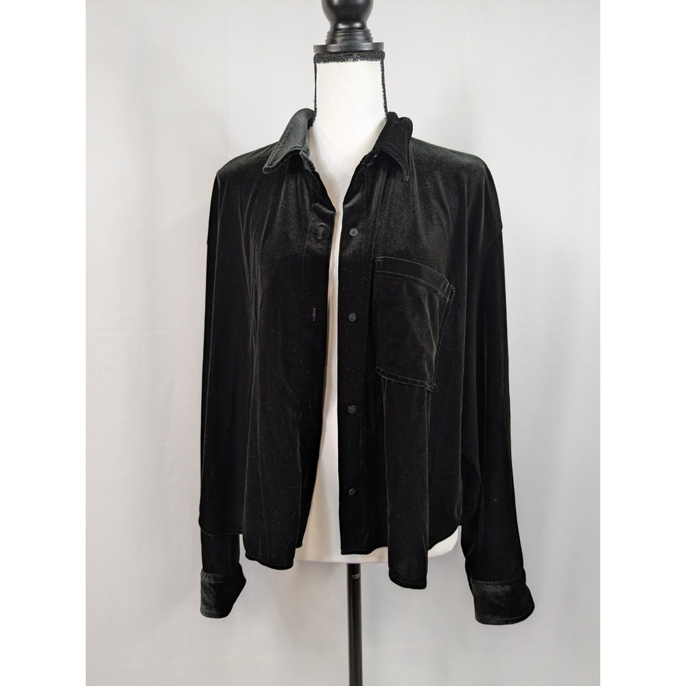 Old Navy The Cropped Shirt Top Black Velvet Boxy Gothic Holiday Career XL A094